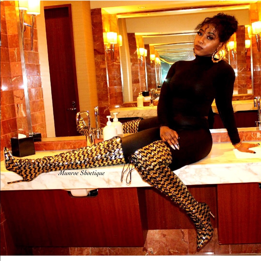 Black/ Gold Sequins Thigh High Boots - Picture 2 of 4
